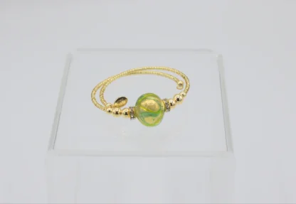 Murano glass wrap bracelet in gold seed beads, one large round lime and gold bead and mini bling