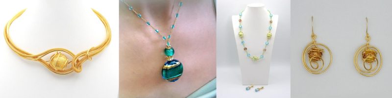 Murano glass necklaces from Dreamy Venice examples in golds, blues and greens. Also one set of Murano glass earrings,