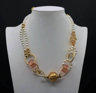 Murano Pearl and gold, and coral necklace multimedia, 16 to 20 iinches