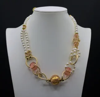 Murano pearl, gold glass bead, gold details and coral tone multimedia necklace 16 to 20 inches with extender