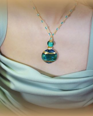 aqua gold Murano glass necklace with gold seed bead cord, 16 inches with extender