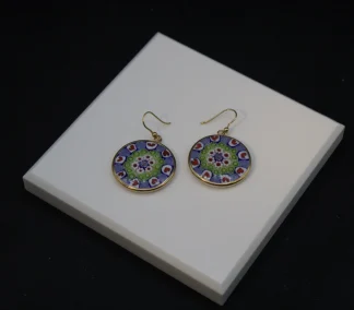 Blue Millefiori earring with heart design in gold casing with French wires