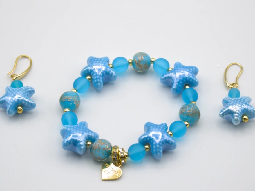 Murano glass blue starfish bracelet and earring set