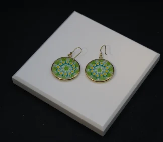 Green and yellow millefiori earring in gold setting on French wires nickel free
