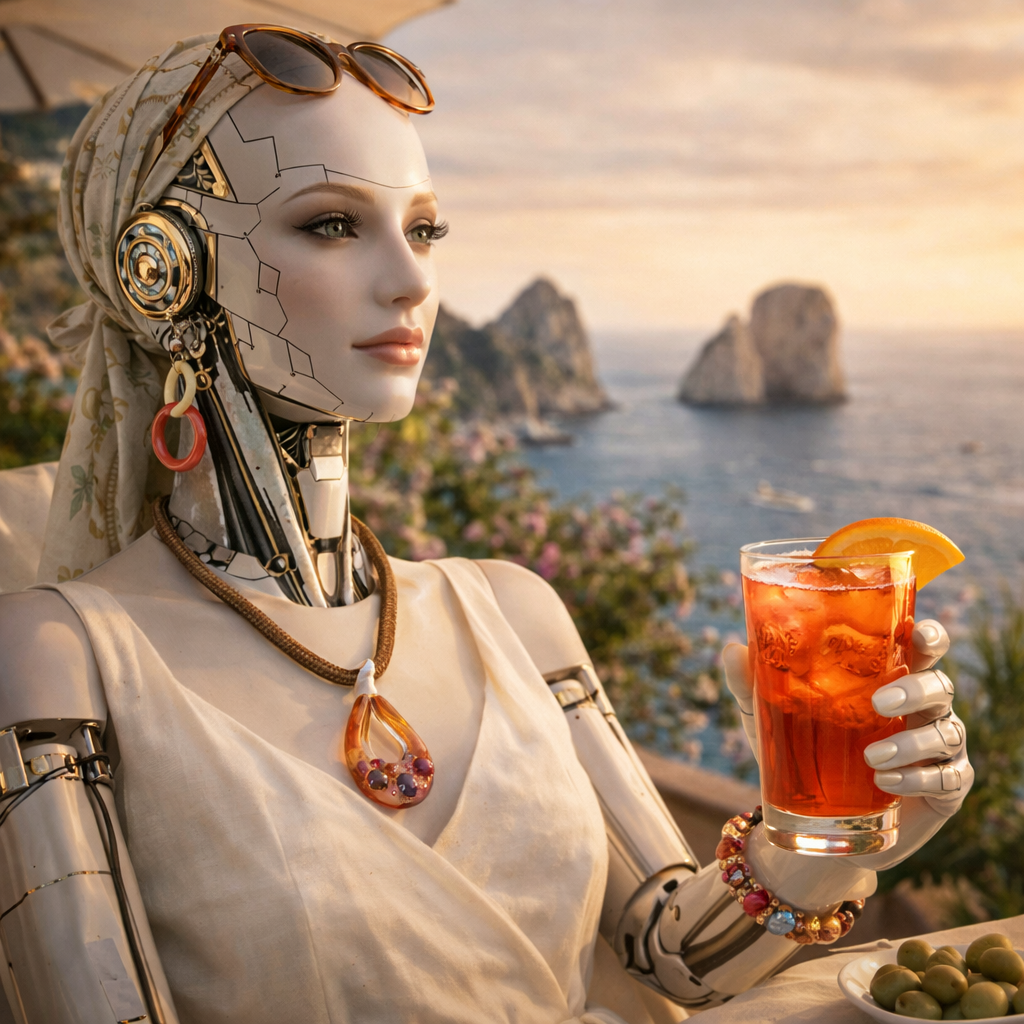 Robotic future woman with Murano glass elegant jewlery set, drinking aperol in Capri
