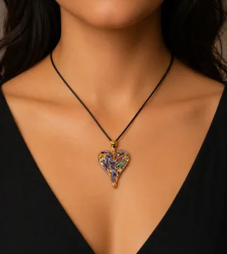Murano Multicolor abstract heart necklace with gold background on model