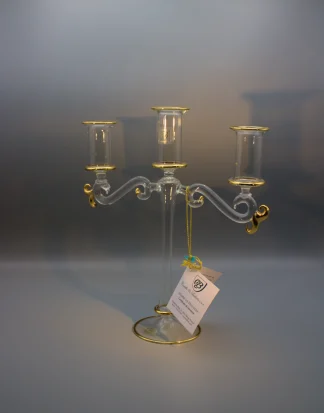 Murano glass three candle candelabra with gold leaf detail