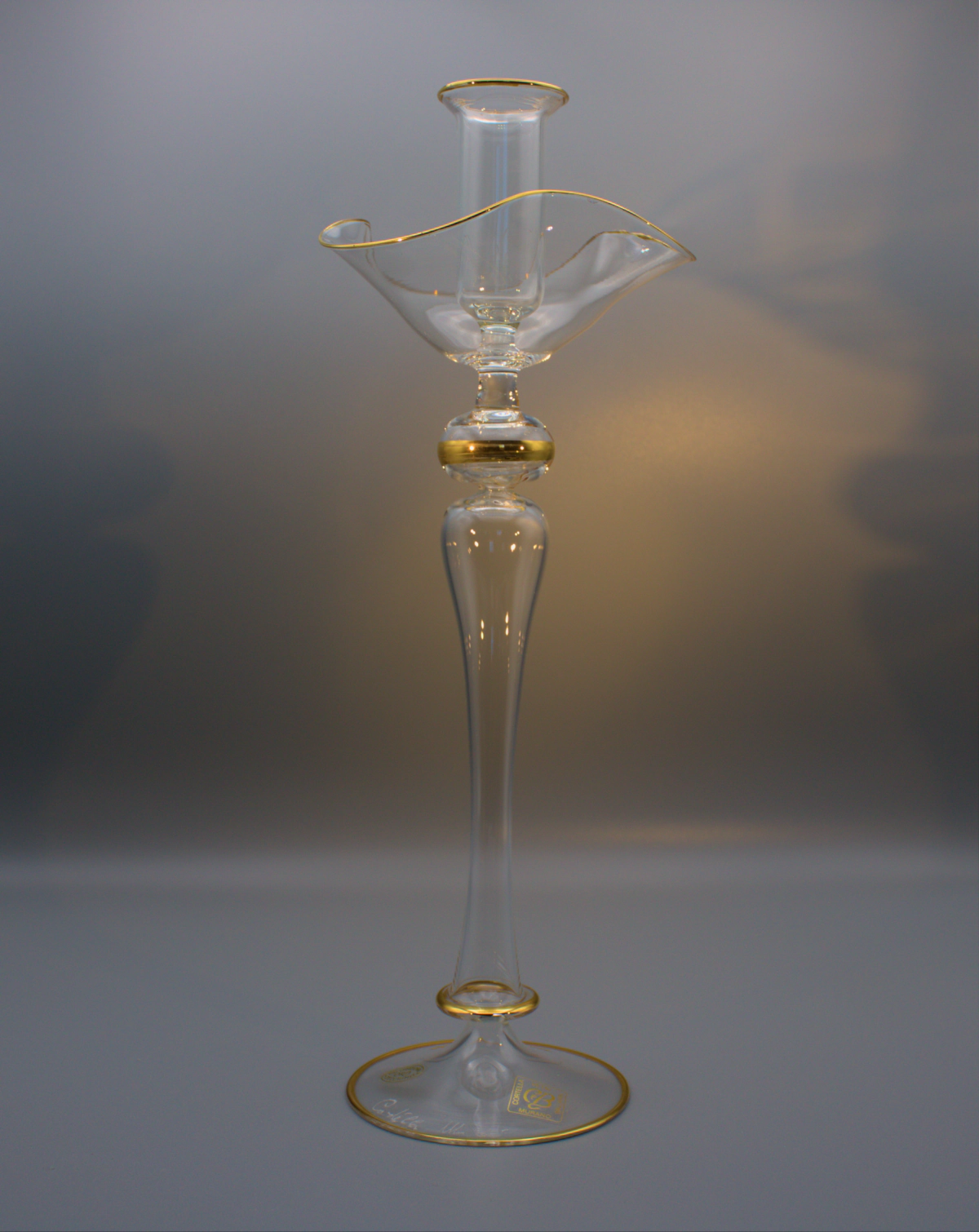 Murano handblown glass fluted glass candlestick with gold detailing