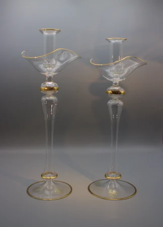 Murano handblown glass fluted glass candlestick with gold detailing