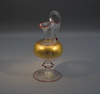Murano hand blown delicate mini urn 6 inches high 8 inch diameter footed base with gold leaf, etched detail and red