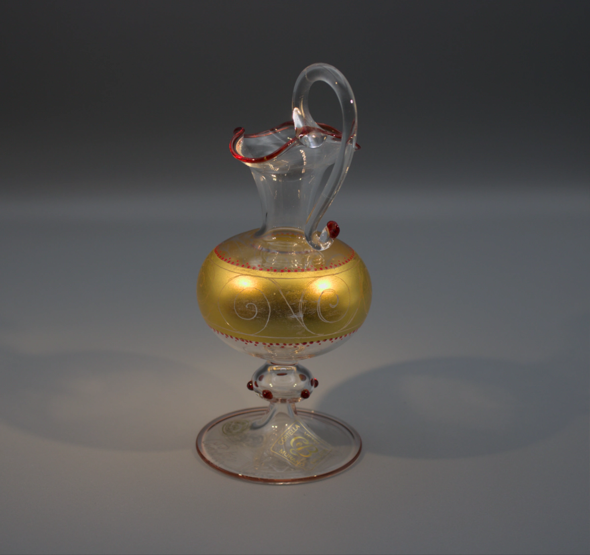 Murano hand blown delicate mini urn 6 inches high 8 inch diameter footed base with gold leaf, etched detail and red