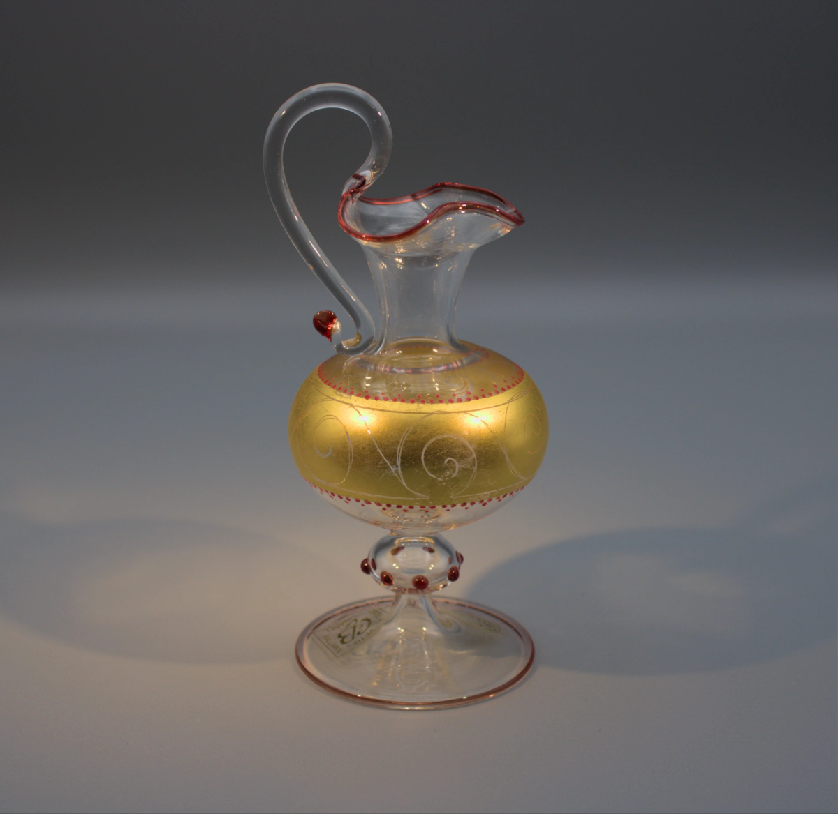 Murano hand blown very delicate mini amphora (or urn) 6 inches high 8 inch diameter footed base with gold leaf, etched detail and red