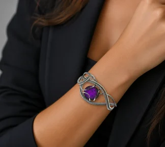 Murano Serpentine cuff bracelet wrapped wire rhodium with large Murano glass bead