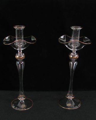 Murano glass hand blown candlestick set fluted with gold trim