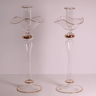 Murano glass hand blown candlestick set fluted with gold trim