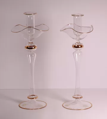 Murano glass hand blown candlestick set fluted with gold trim