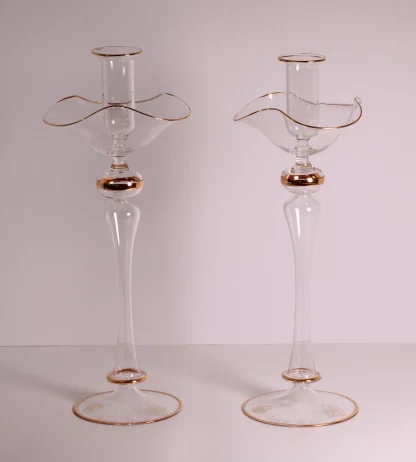 Murano glass hand blown candlestick set fluted with gold trim