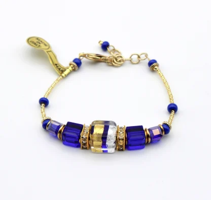 cobalt and gold vibrant Murano glass bracelet with square beveled beads and gold seed beads