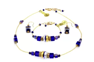 Cobalt and gold necklace set with gold seed beads and beveled cobalt blue square Murano glass beads with gold details
