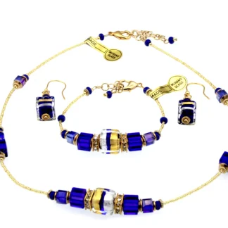 Cobalt and gold necklace set with gold seed beads and beveled cobalt blue square Murano glass beads with gold details