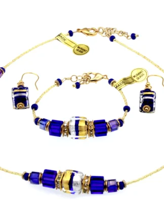 Cobalt and gold necklace set with gold seed beads and beveled cobalt blue square Murano glass beads with gold details