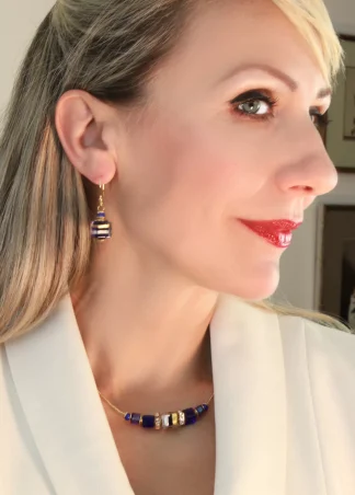 Sparkling cobalt and gold Murano glass necklace and earrings with mini bling details on model