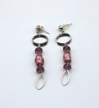 Purple crystal and chrome metal long earrings on posts, Murano glass earrings with silver infusion and detailed cut metal for sparkle
