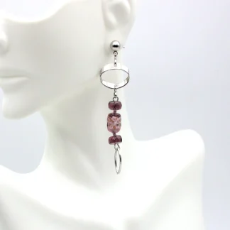 Purple crystal and chrome metal long earrings on posts, Murano glass earrings with silver infusion and detailed cut metal for sparkle.