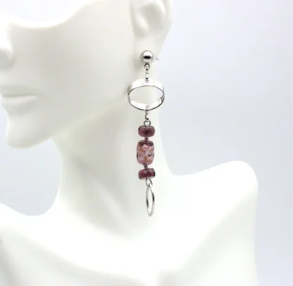 Purple crystal and chrome metal long earrings on posts, Murano glass earrings with silver infusion and detailed cut metal for sparkle.