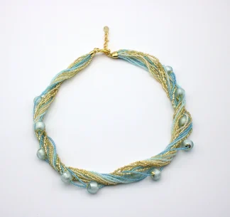 Sparkling gold and turquoise seed beads on 16 separate strands twist create a stunning look with turquoise round Murano beads interspersed