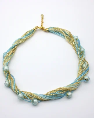 Sparkling gold and turquoise seed beads on 16 separate strands twist create a stunning look with turquoise round Murano beads interspersed
