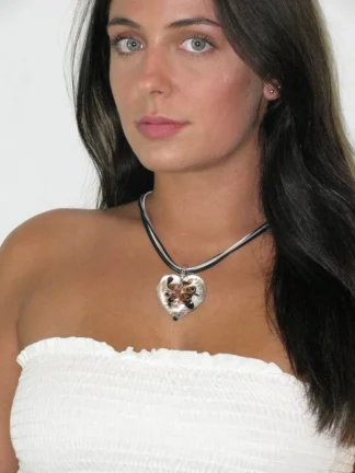 large Murano glass heart silver on black glass with gold and copper swirls on multi stranded cord